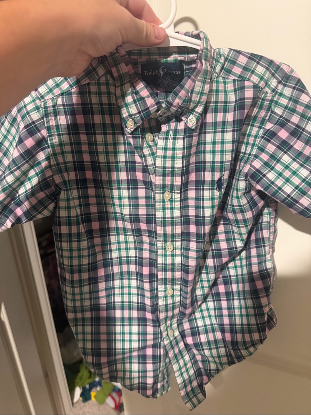 Toddler boys Ralph Lauren Green & Pink Plaid Button-Down short sleeve Shirt 4t